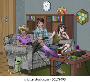 Teenagers Playing Video Games Indoors