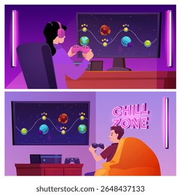 Os adolescentes jogam arcade de espaço de jogo de computador, joystick gamepad em mãos. Conjunto de ilustrações planas vetoriais. Console de videogames da estação de jogos e tela grande. Zona de refrigeração