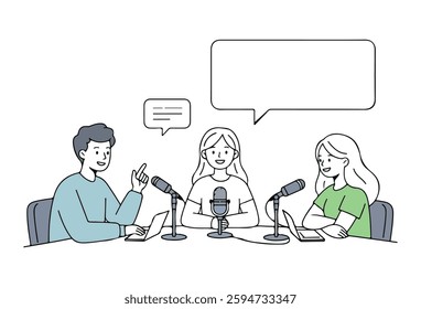 Teenagers Podcast vectors, A teenage girl is hosting a podcast in a studio room with two audience members, who are also teenagers. She sits near an equalizer with buttons connected to headphones.