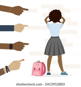 Teenagers points fingers at victim. Girl bullied at school by classmates. Concept of bullying, discrimination, harassment. Schoolgirl turned her back and cries. Angry kids, aggression. Flat vector