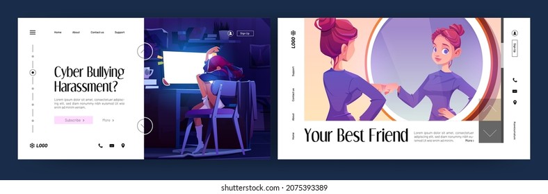 Teenagers problems cartoon landing page. Teen girl crying front of pc screen due to cyber bullying harassment in internet. Young woman bump fist with her own reflection in mirror vector web banners