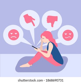 Teenagers psychological problems. Cyber bullying in social networks and online abuse concept. Teen girl crying in front of laptop screen due to haters messages. Vector flat illustration