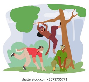 Teenagers quadrobers cartoon character behaving like wild animals jumping among trees in green city park vector illustration. Children quadrobists wearing monkey, wolf and frogs costumes scene