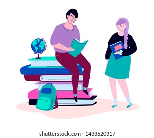 Teenagers reading - modern colorful flat design style illustration on white background. High quality composition with cheerful students, a boy and girl holding books. Education concept