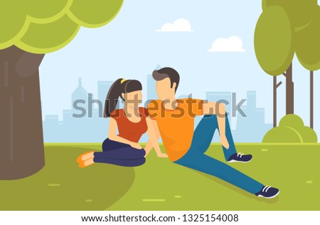 Teenagers resting in the park flat vector illustration of young teenage couple sitting on grass and talking. Young people spending time in natural eco place. Summer or spring season in the city