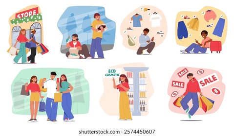 Teenagers retail going shopping, doing purchases online, enjoying sale and discount isolated cartoon scene set. Girls and boys choosing clothes and footwear, buying eco cosmetics vector illustration