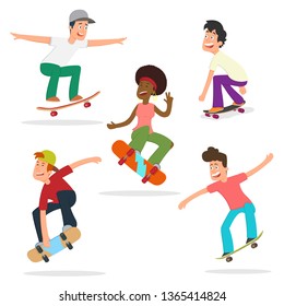 teenagers ride and do tricks on a skateboard. young people get fan of riding on skateboards. Vector illustration isolated on white background.