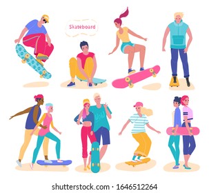 Teenagers riding skateboard, set of isolated cartoon characters, vector illustration. Young people extreme sport activity, guys and girls with skateboard in different poses. Teenagers active lifestyle