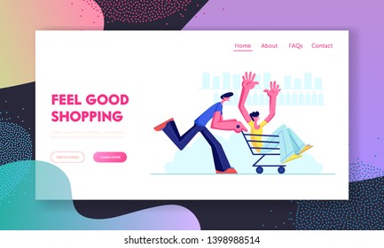 Teenagers Riding Trolley in Supermarket. Happy Boy Pushing Shopping Cart with Friend Sitting inside. Teens Happy Sparetime, Website Landing Page, Web Page. Cartoon Flat Vector Illustration, Banner