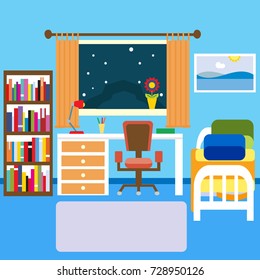 Teenager's room with a bookcase, a bed and a table. Flat design illustration.