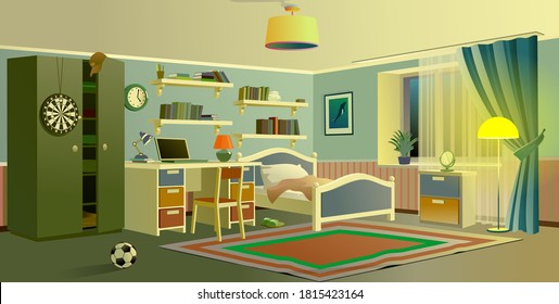 Teenager's room. Evening, floor lamp. Cozy environment. Vector illustration.