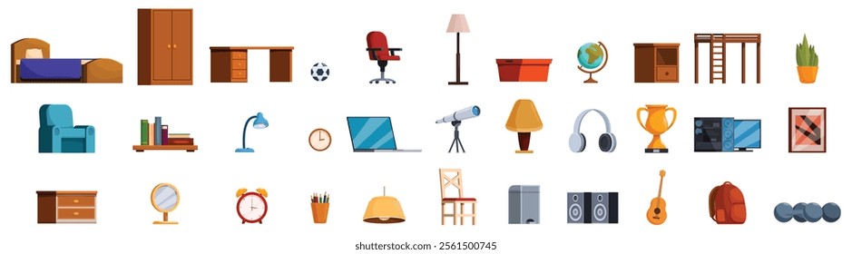 Teenager's room icons set. Furniture and accessories found in a typical teenager's room, including items for studying, entertainment, and personal interests