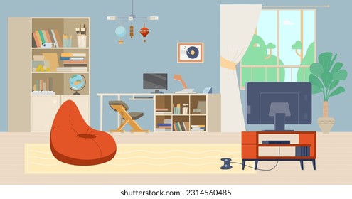 Teenager's room interior with no people flat vector illustration. 