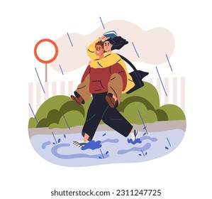 Teenagers, school girl and boy. Teen boyfriend going in puddle, carrying happy girlfriend on back on street in rain, rainy weather. Flat graphic vector illustration isolated on white background