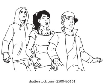 Teenagers shocked of something infront of them. Illustration in black and white and vector format. Please note that this illustration is not AI Generated content.