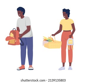 Teenagers showing food for picnic semi flat color vector characters set. Posing figures. Full body people on white. Simple cartoon style illustration collection for web graphic design and animation