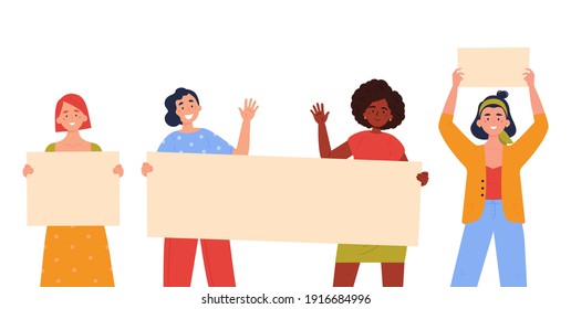 Teenagers showing posters. Collection of young women standing and holding blank banner. Female protesters or activists. Political meeting and protest. Vector trendy illustration.