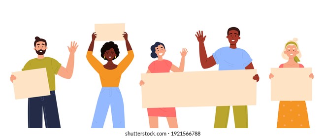 Teenagers showing posters. Collection of young men and women standing and holding blank banner. Male and female protesters or activists. Political meeting and protest. Vector trendy illustration.