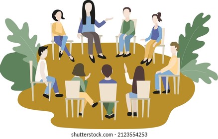 Teenagers sit on chairs in a circle. Consultation with a psychologist or teacher. Group practical classes. Discussion and exchange of views. Acceptance of yourself and others. Vector illustration