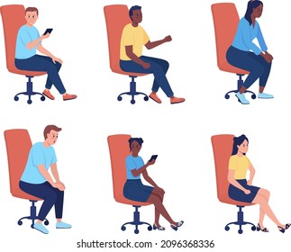 Teenagers sitting in office chairs semi flat color vector characters set. Full body people on white. Teens isolated modern cartoon style illustration collection for graphic design and animation