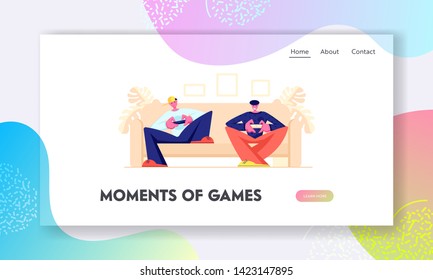 Teenagers Sitting on Sofa Playing Computer Games in Gaming Console. Leisure, Addiction, Spare Time, Virtual Reality Website Landing Page, Web Page. Cartoon Flat Vector Illustration, Banner