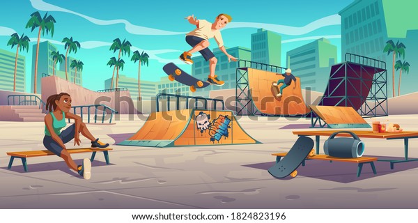 Teenagers in skate park, rollerdrome perform\
skateboard jumping stunts on quarter and half pipe ramps. Extreme\
sport, graffiti, youth urban culture and teen street activity\
Cartoon vector\
illustration