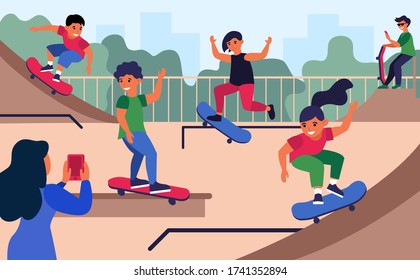 Teenagers at skateboard park flat vector illustration. Cartoon girls and boys jumping and doing tricks with boards. Outdoor activity and skateboarding concept