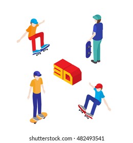  Teenagers skateboard. Vector illustration in flat 3d isometric