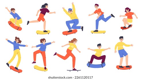 Teenagers skateboarders characters. Girl boy skateboarding, young person on skateboard. Summer outdoor sport activity, snugly jumping vector people