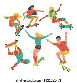 Teenagers skateboarding set. Collection of colorful illustrations of male and female diverse skaters. Isolated on white background.