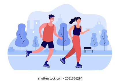 Teenagers skaters roller skating in park together. Girl and boy rollerblading flat vector illustration. Extreme city sport, healthy lifestyle concept for banner, website design or landing web page