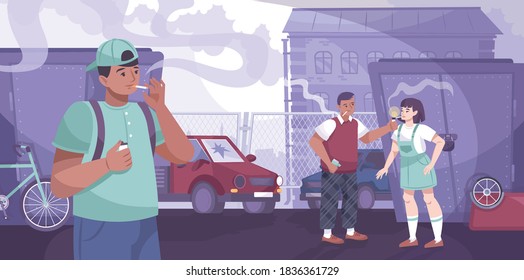 Teenagers smoke flat composition with deprived district scenery and characters of teenagers smoking cigarettes on backstreet vector illustration