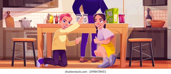 Los adolescentes se acercan sigilosamente a un hombre en la cocina mientras él se da la vuelta y arroja el salero de la mesa. Ilustración vectorial de dibujos animados de niños con malas acciones y comportamiento. Adolescentes peleadores en el interior de la sala de cocina.