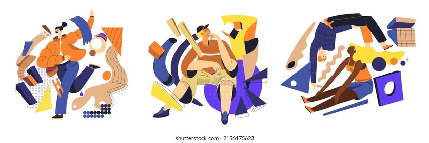 Teenagers spend free time doing sports, activities, and recreation for people. Isolated woman skating or skiing, male thinking, improving flexibility by doing exercises. Vector in flat style