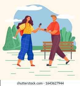 Teenagers spend leisure time together in park. People talking to each other. Boy and girl hold phones in hands. Landscape with greenery, trees and grass. Vector illustration of walking in flat style