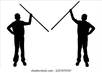 Teenagers with sticks in their hands. Two teenagers raised their hands high, and they hold hiking sticks in their hands. Hiking. Sport. Competition. Front view. Two black silhouettes isolated on white
