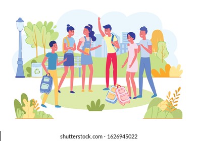 Teenagers Students With Backpack Outdoor Standing or Walking in Park on School or College Break and Talking. Youth Group. Classmates Relax and Fun. Urban Background. Modern Flat Vector Illustration