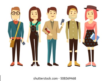 Teenagers, students with gadgets and books vector characters set. Group of people study in university, boy and girl illustration