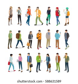 Teenagers students vector collection in flat style on white. Young people in casual clothes standing and walking with handbags or books and modern gadgets kinds. Busy student lifestyle concept.