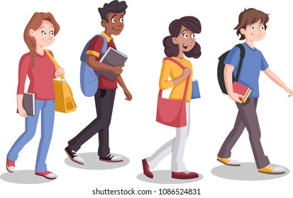 Teenagers students walking. Cartoon young people. 