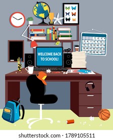 Teenager's study desk at home with a computer showing  back to school message on a screen, prepared for distant learning due to pandemic, EPS 8 vector illustration