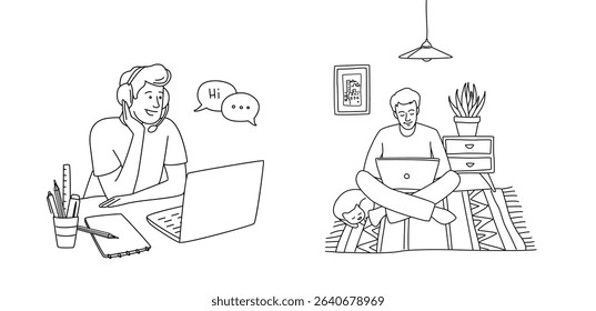 Teenagers Studying Online at Home Remote Hybrid Learning Concept. Distance Learning for Teens Cozy Home Study Environment with Laptop and Headphones. Online Education and Remote Schooling from Home