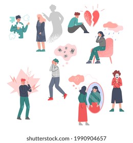 Teenagers Suffering from Psychological Problems Set, Anxiety, Solitude and Depression, Mental Disorder, Illness Concept Cartoon Vector Illustration