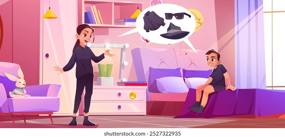 Adolescentes falando sobre moda em quartos. Ilustração de desenho animado de adolescente menino e menina discutindo roupas no quarto, traje de espião preto na bolha de fala, irmãos se divertindo em casa, luz do dia na janela