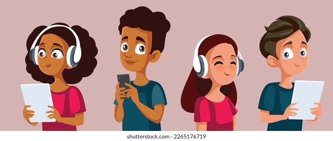 
Teenagers and Technology Vector Concept Cartoon Illustration. Group of young people with electronic devices having fun together 
