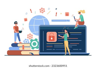 Teenagers threatening internet security vector illustration. Young hackers with laptops and smartphones attacking IT networks, hacking accounts and devices. Cybersecurity, data protection concept