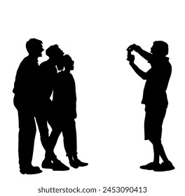 Teenagers tourists crew taking picture on vacation vector silhouette illustration isolated. Mobile phone photographer. Friends couple traveler fun. Happy students crew on destination. Family memories.