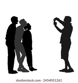 Teenagers tourists crew taking picture on vacation vector silhouette illustration isolated. Mobile phone photographer. Friends couple traveler fun. Happy students crew on destination. Family memories.