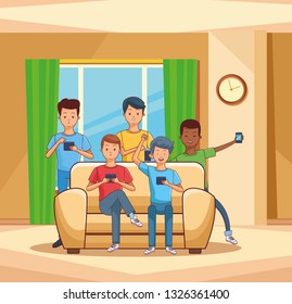 teenagers using smartphone seated on sofa