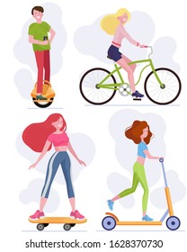 Teenagers using urban vehicles set. Young people riding scooter, bike, skateboarding flat vector illustration. Leisure, activity, eco transport concept for banner, website design or landing web page